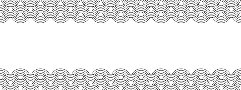 Top and bottom borders with japanese seigaiha pattern and empty space. Black and white scallops print. Fish squama or dragon scale. Simple geometric background. Vector graphic illustration.