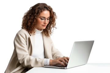 Young woman working on computer wearing casual clothes Isolated on white background