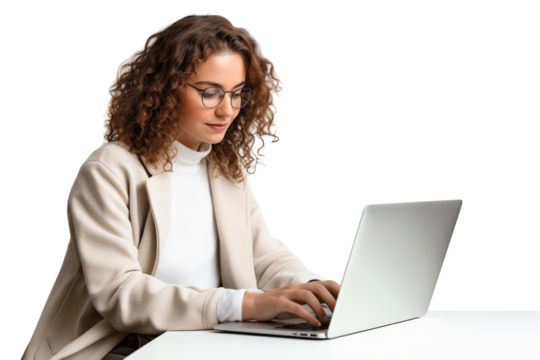 Young woman working on computer wearing casual clothes Isolated on white background
