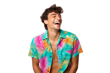 Young queer man in a colorful shirt laughing joyfully Isolated on white background