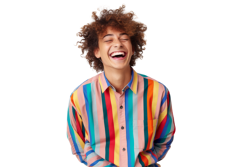 Young queer man in a colorful shirt laughing joyfully Isolated on white background