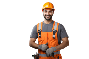 Young Middle Eastern builder wearing a hard hat and uniform with crossed arms Isolated on white background