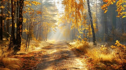 Obraz premium Sunlit Path Through Autumn Forest With Golden Leaves