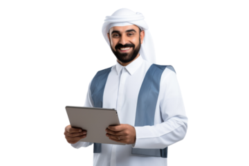 Young Middle Eastern builder in uniform using a tablet Isolated on white background