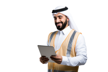 Young Middle Eastern builder in uniform using a tablet Isolated on white background