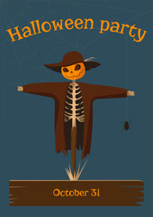 Poster for Halloween with a scarecrow, with a skeleton body and a pumpkin head