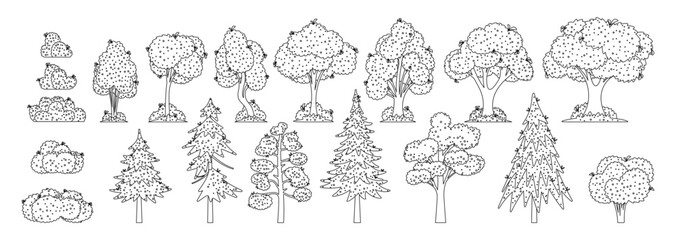 Collection Of Hand-drawn Trees And Shrubs In Black And White. Illustration Features Various Types Of Trees And Bushes