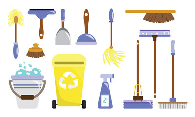 Set of household appliances in cartoon style. Vector illustration of a garbage can, a bucket with foam, various mops, scoops, a brush, a sprayer for washing surfaces isolated on a white background.