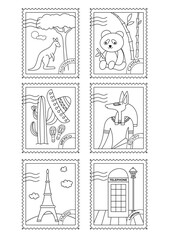 Coloring Page For Adults And Children Features Postage Stamps From Australia, China, Mexico, Egypt, Paris, And London