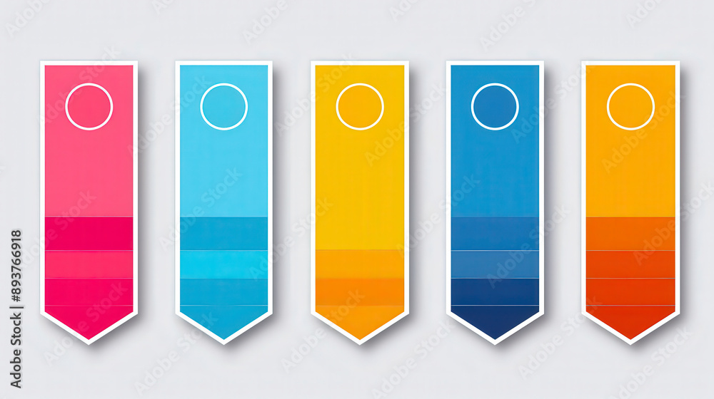 Sticker colorful vertical banners in a row with gradient patterns and circular icons at the top, ideal for i