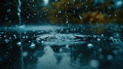 A moody photograph of raindrops splashing in a puddle