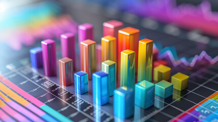 A colorful 3D bar graph displays data on a detailed grid, surrounded by various charts and graphs, representing statistical analysis and data visualization.