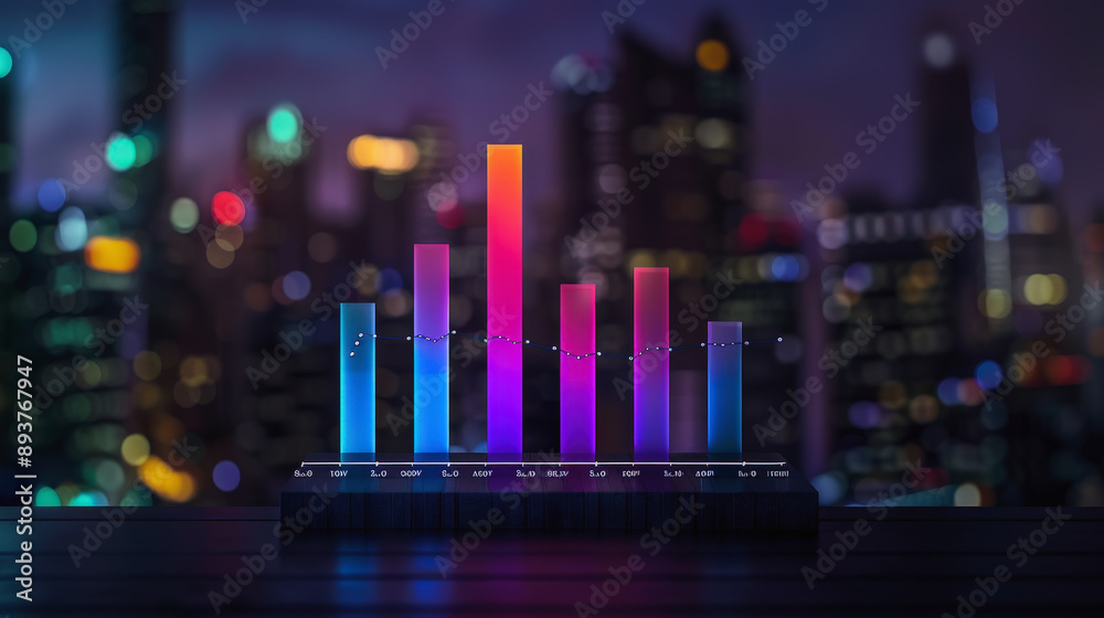 Sticker a colorful bar chart stands in front of a blurry cityscape at night, illustrating various data point