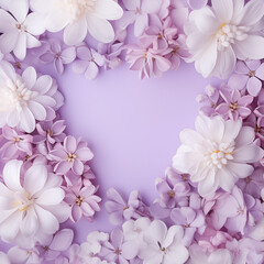 Fototapeta premium Frame of flowers on a lilac background. Spring composition with copy space. Design for Women's Day, Easter and Valentine's Day