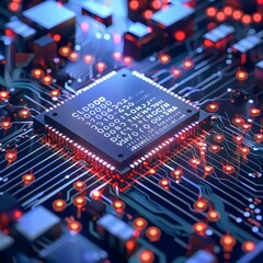 A computer chip is lit up with red lights