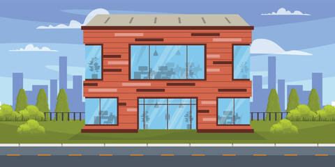 Vector illustration of a large office building.Cartoon scene of a beautiful modern office building with large glass windows, doors, tables with computers, chairs.Silhouettes of city buildings, bushes.