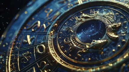 A gold and blue clock with a circle in the middle with the numbers