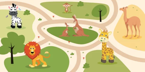  Vector illustration of a beautiful zoo map with animals.Cartoon scene of plots with various cute animals:zebra,lion, monkey, kangaroo, camel, giraffe, green trees, bushes, butterflies, flowers, roads. © MVshop