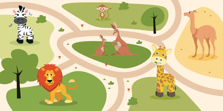 Vector illustration of a beautiful zoo map with animals.Cartoon scene of plots with various cute animals:zebra,lion, monkey, kangaroo, camel, giraffe, green trees, bushes, butterflies, flowers, roads.