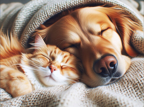 sleeping snuggle adorable dog and cat cuddling under a blanket for pet lovers tabby orange cat