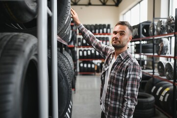 Portrait young man customer examining brand and product characteristics while buying new tires in auto department of dealership.