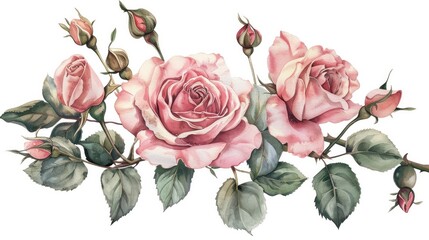 Naklejka premium Romantic watercolor illustration of pink roses and buds.