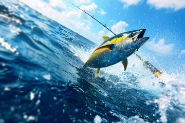 Tuna jumping out of the ocean, with water splashing under a bright blue sky.