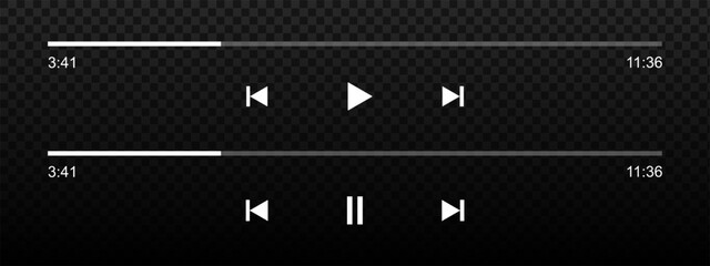 Audio or movie player progress loading bars with time slider, play and pause, rewind and fast forward buttons. Mediaplayer mobile application playback interface template. Vector graphic illustration.