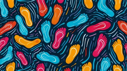 Naklejka premium Colorful abstract pattern of footprints on dark blue background.