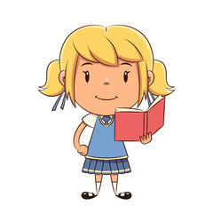 Child reading book, hand on hip, schoolgirl