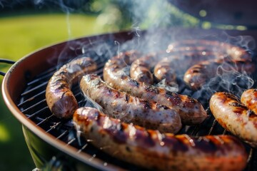 Juicy sausages being grilled, releasing flavorful smoke, perfect for summer barbecues and outdoor gatherings