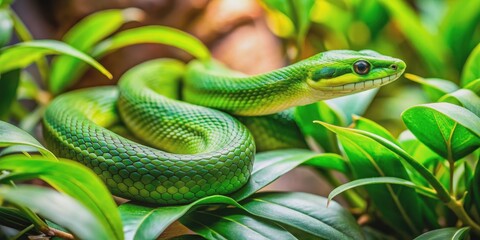 Fototapeta premium Green snake slithering amongst the plants in a lush garden, snake, green, garden, nature, reptile, wildlife, foliage, hidden