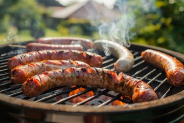 Juicy sausages sizzling on a barbecue grill, surrounded by smoky steam and a lush green backyard, perfect for a summer cookout
