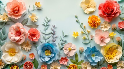 An arrangement of colorful paper flowers on a light blue background