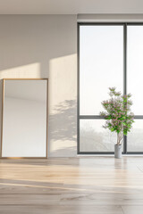Stylish property interiors composition with a mirror next to a large window filling the room with natural lighting. Residential interiors design with minimal decor and warm colors.