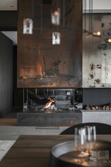 a modern kitchen with a fireplace in the background