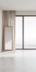 Stylish property interiors composition with a mirror next to a large window filling the room with natural lighting. Residential interiors design with minimal decor and warm colors.