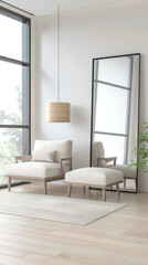 Stylish property interiors composition with a mirror next to a large window filling the room with natural lighting. Residential interiors design with minimal decor and warm colors.