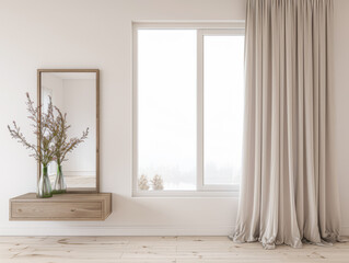 Obraz premium Stylish property interiors composition with a mirror next to a large window filling the room with natural lighting. Residential interiors design with minimal decor and warm colors.