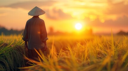 Fototapeta premium A solitary agricultural worker stands in the midst of a golden rice field at sunset. The worker's traditional conical hat contrasts with the warm tones of the sky and field