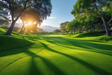 Panoramic view of a lush green golf course at sunrise
