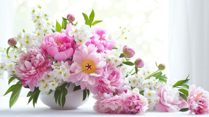 Fototapeta premium Decorated interior: pink peonies and white flowers in vase on white background