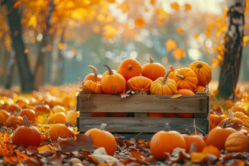 A rustic fall harvest scene with a large wooden box overflowing with freshly picked pumpkins. Golden leaves scattered on the ground add to the autumn atmosphere