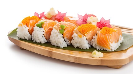 Sushi roll with salmon and eel on white background.