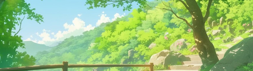 Anime-inspired adventure landscape, vibrant colors, intricate details, minimalist backdrop, clear and open space, inviting atmosphere, perfect for imaginative exploration.