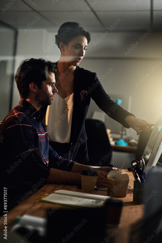Poster Night, office and business people with discussion by computer for IT project, review and advice. Developer, intern and tech with training for software development, deadline and open source solution