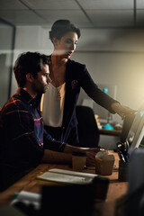 Night, office and business people with discussion by computer for IT project, review and advice....