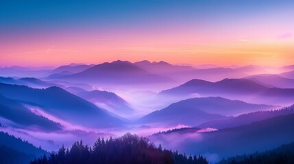 A breathtaking panorama of layered mountain ranges enveloped in mist bathed in the hues of a vibrant sunset