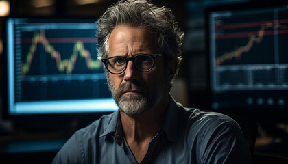 Obraz premium man looking at stock charts, a businessman looking at stock charts, company charts, a man looking at crypto stock charts, serious face of businessman, a trader is making a strategy by checking stock