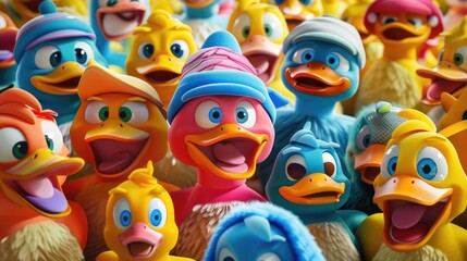 Fototapeta premium A Crowd of Cheerful Cartoon Ducks